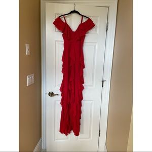 Red cold shoulder ruffle detail maxi dress